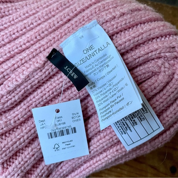 NWT J Crew Ribbed Beanie with Faux Fur Pom - Heather Peony Pink - Picture 4 of 4